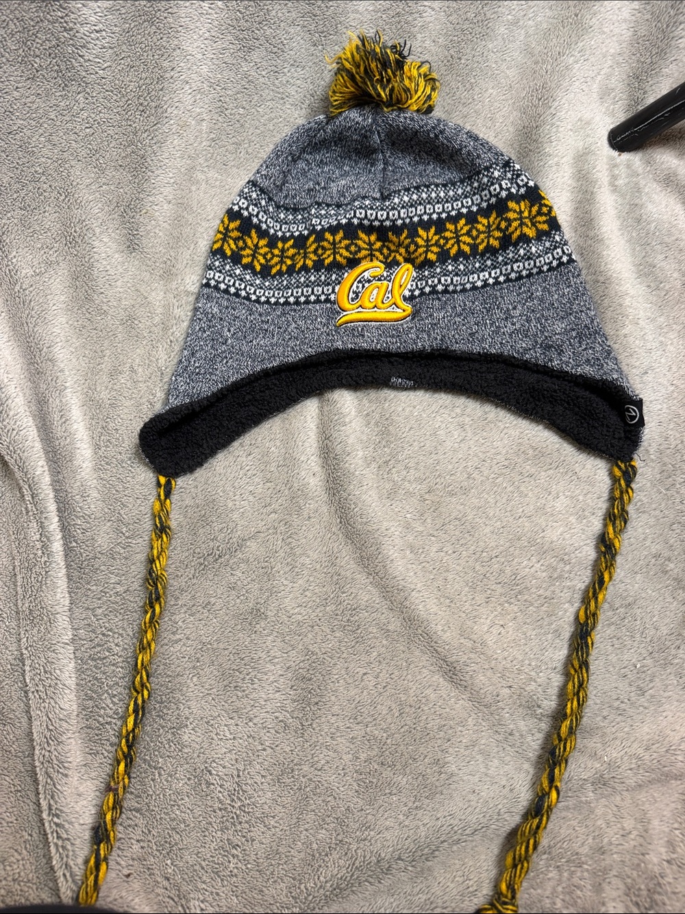 Earflap Pom Beanie Hat in Gray and Gold - Kids